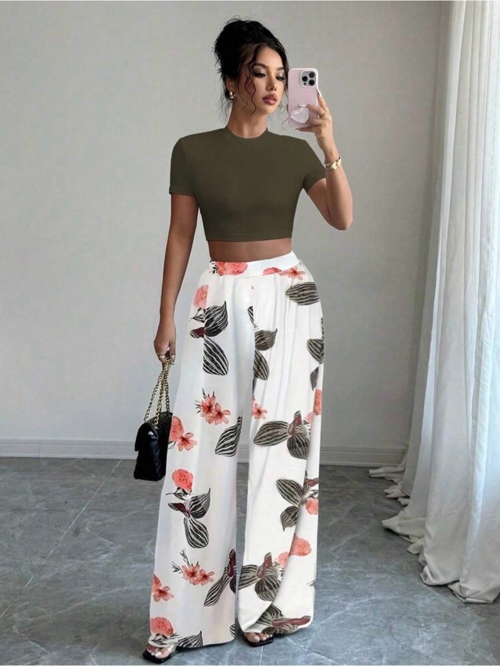 NWT 2 Piece Set - Size XS/S Tropical Floral Lead Wide-Pants & Green Cropped Tee